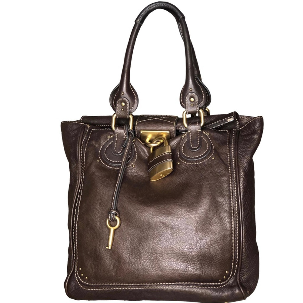 M CHLOE Paddington Dark Brown Leather Laptop Tote Bag with Lock and Key Unisex